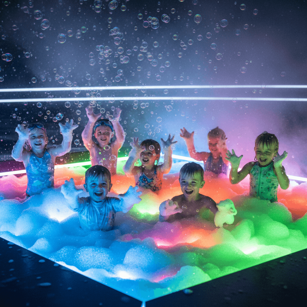 Kids enjoying foam party with vibrant neon lighting effects