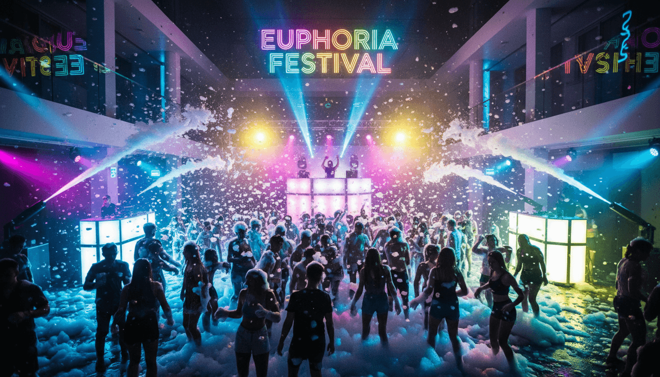 Vibrant party scene with foam and colorful lights in modern setting