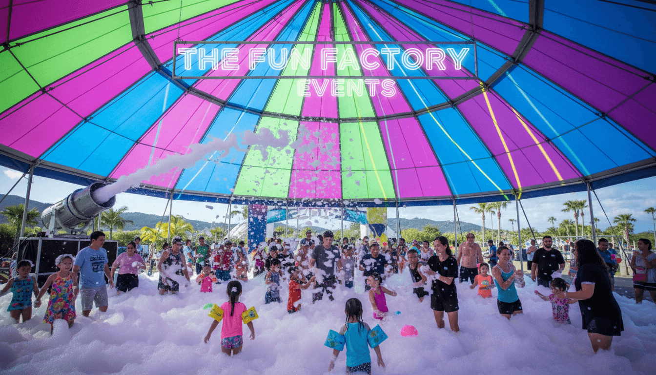 Foam party under a colorful tent with neon lights and joyful participants.