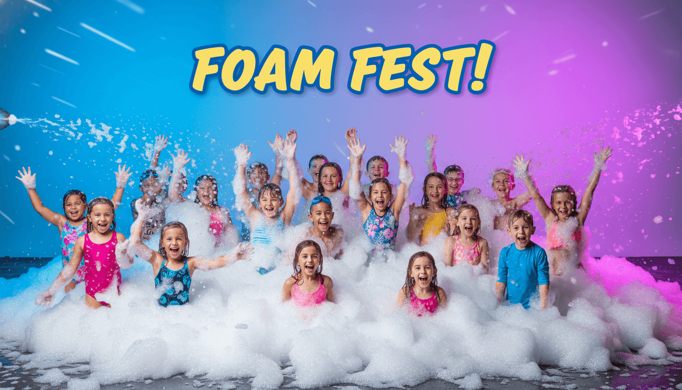 Large group celebrating at foam party event with colorful atmosphere