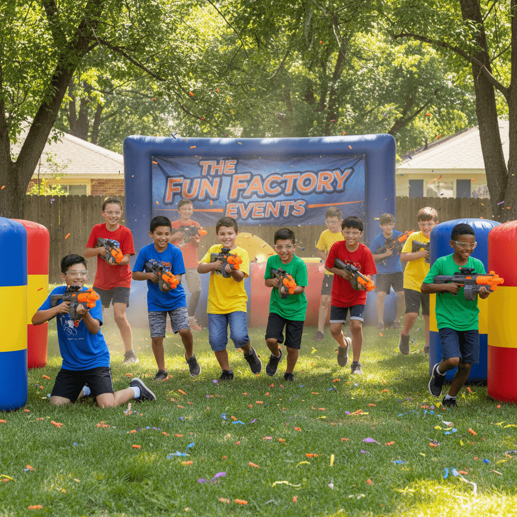 Children playing a Nerf battle game outdoors in a sunny backyard setting.