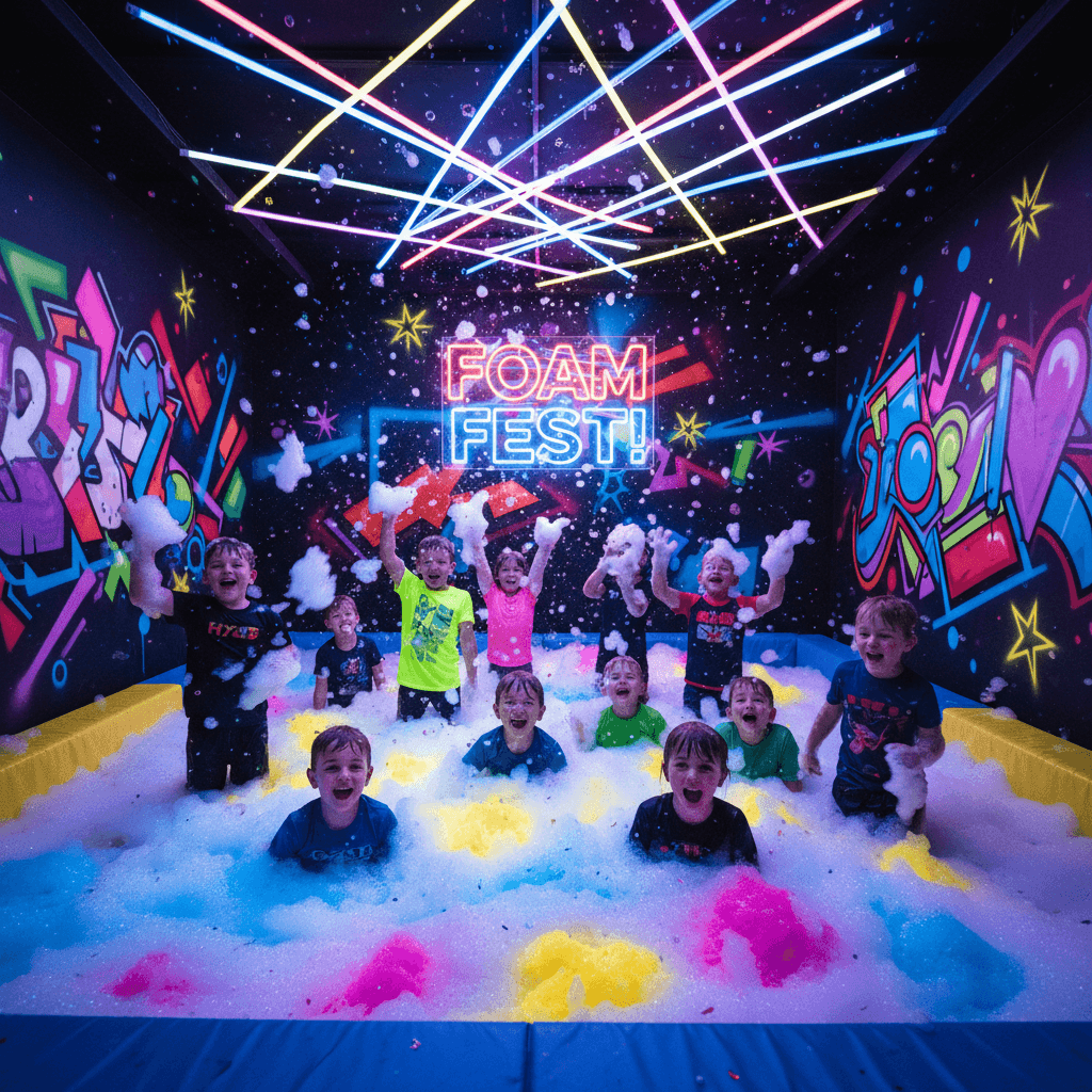 Kids enjoying foam party with vibrant colored foam