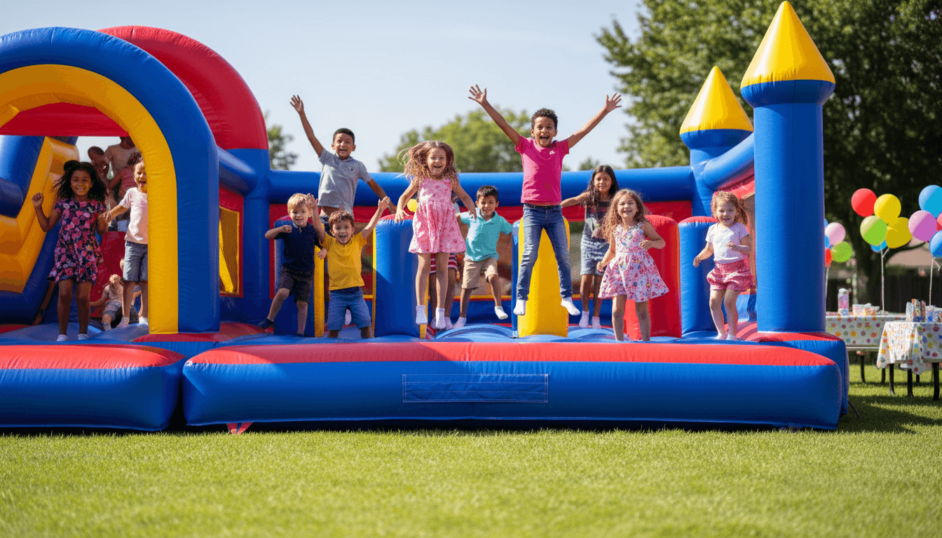Multiple children laughing and jumping inside colorful inflatable bounce house in sunny backyard during outdoor party