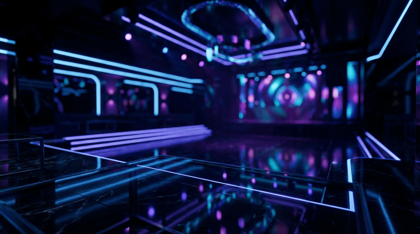 Glowing foam party with neon blue and purple lighting effects