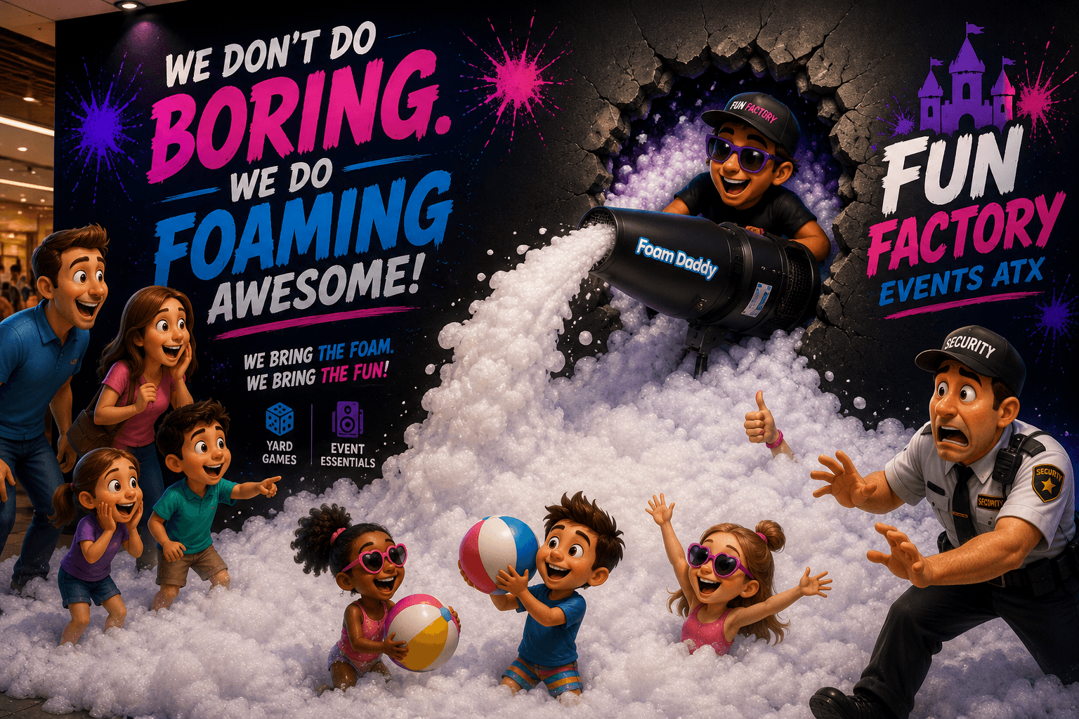 Animated advertisement for foam parties featuring children playing in foam and a surprised security guard.