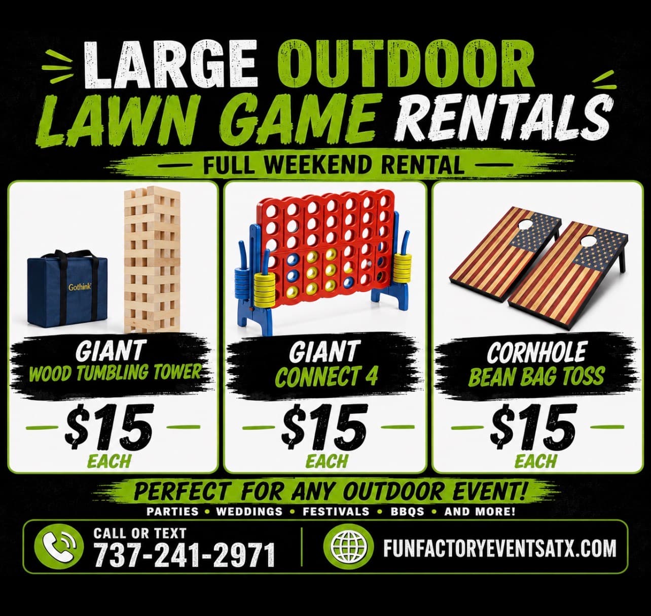 Large outdoor lawn game rentals for $15 each: giant tumbling tower, Connect 4, and cornhole.