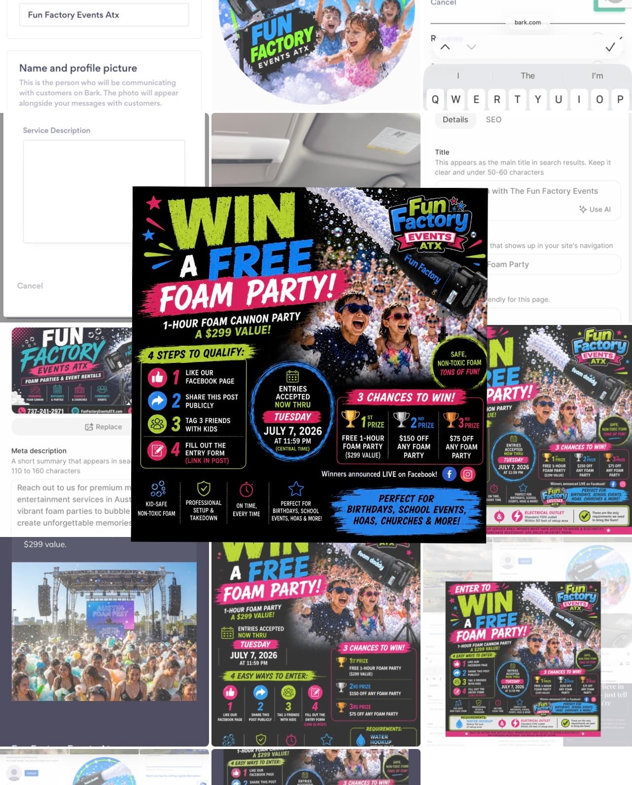 Promotional flyer for a free foam party contest by Fun Factory Events ATX with children.